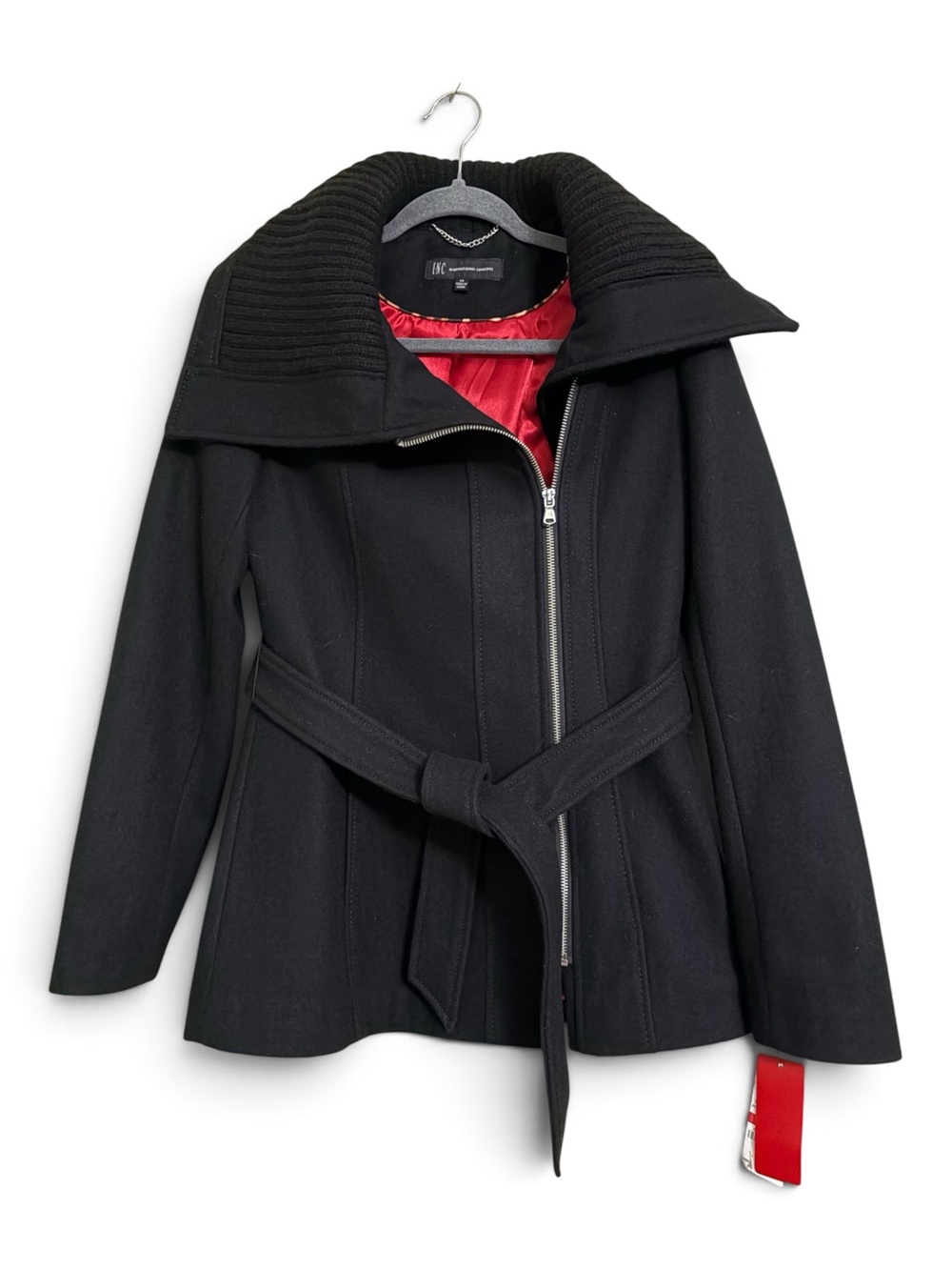 INC International Concepts Black Pea Coat with Red Lining and Belt- woman’s XS